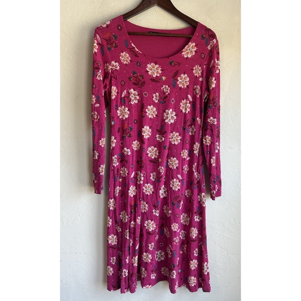 Gudrun Sjoden Floral Midi A Line Dress S Luxury Bohemian Pink Jersey Long Sleeve